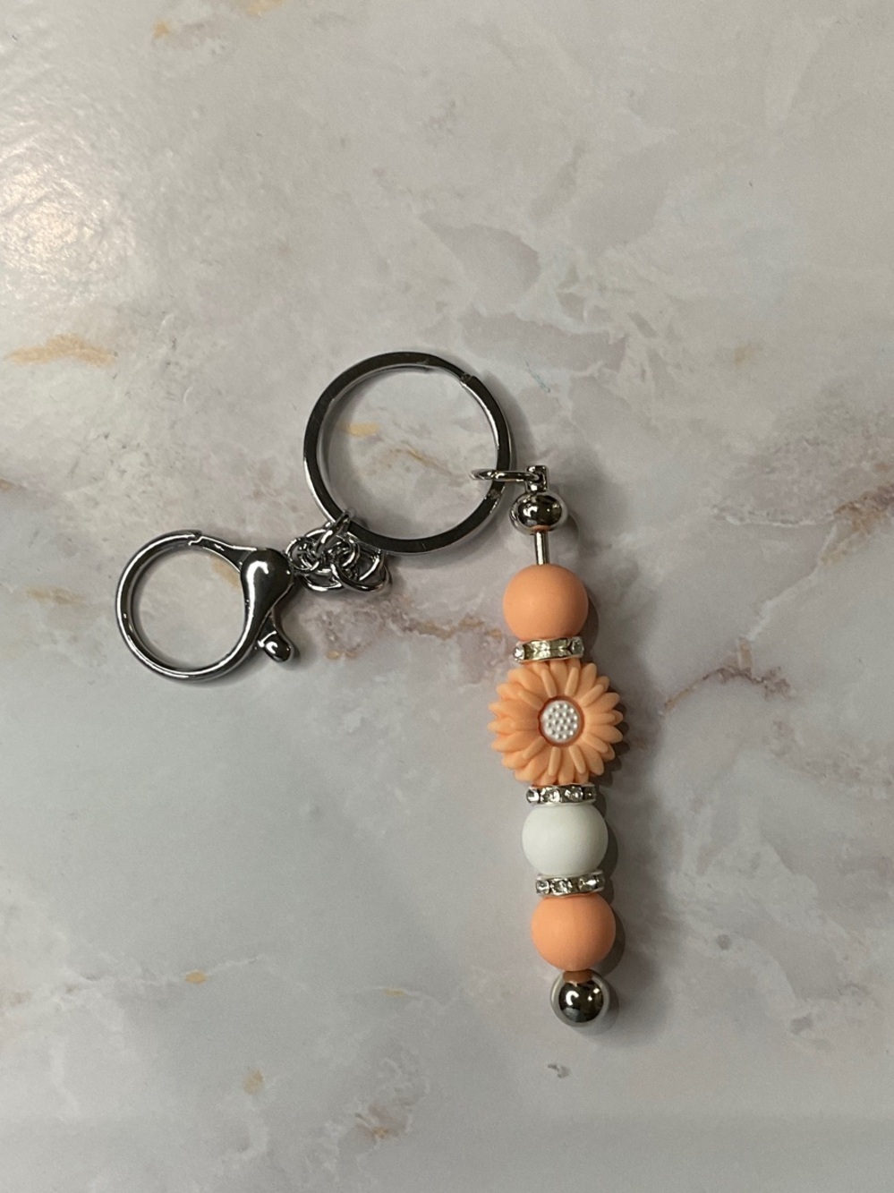 Hand Crafted Peach and White Daisy Bead Key Chain or Bag Charm